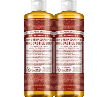 Dr. Bronner’s – Pure-Castile Liquid Soap (Eucalyptus, 16 ounce, 2-Pack) – Made with Organic Oils, 18-in-1 Uses: Face, Body, Hair, Laundry, Pets and Dishes, Concentrated, Vegan, Non-GMO