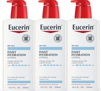 Eucerin Daily Hydration Body Lotion for Dry Skin, Unscented Body Moisturizer with Sunflower Oil and Pro-Vitamin B5, 16.9 Fl Oz Bottle, Pack of 3