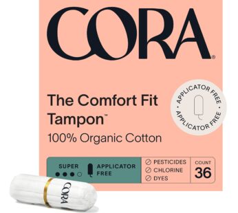 Cora 100% Organic Cotton Non-Applicator Tampons | Ultra-Absorbent, Unscented, Natural, Non-Toxic, Applicator Free | Eco-Conscious S/S+ (36 S Tampons)
