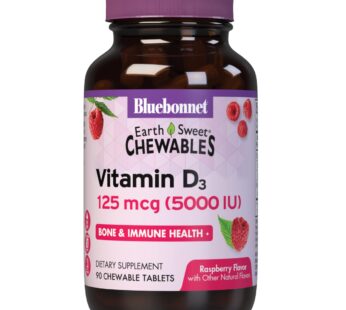 Bluebonnet Nutrition Earth Sweet Vitamin D3 5000 IU Chewable Tablets, Aids in Muscle & Skeletal Growth, Non GMO, Gluten & Soy & Milk Free, Kosher, Raspberry, White, 90 Count