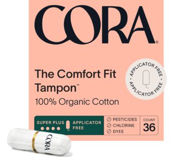 Cora 100% Organic Cotton Non-Applicator Tampons | Ultra-Absorbent, Unscented, Natural, Non-Toxic, Applicator Free | Eco-Conscious S/S+ (36 S+ Tampons)