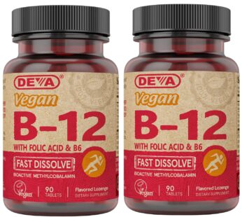 DEVA Vegan Vitamin B12 Fast Dissolve Supplement – Once-Per-Day Complex with 1000 Mcg Methylcobalamin B12, Folic Acid, B6 – Lemon Flavor – 90 Dissolvable Tablets, 2-Pack