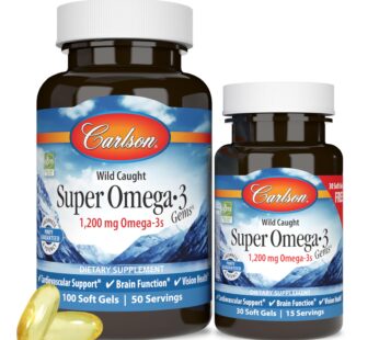 Carlson – Super Omega-3 Gems, 1200 mg Omega-3 Fatty Acids with EPA and DHA, Wild-Caught Norwegian Supplement, Sustainably Sourced Fish Oil Capsules, Omega 3 Supplements, 100+30 Softgels