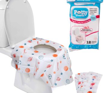 Potty Shields Toilet Seat Covers Disposable (12 Pack, Sports) – XL Waterproof Toilet Cover for Toddlers, Kids & Adults – Portable & Individually Wrapped for Travel, Potty Training & Public Restrooms