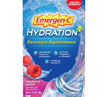 Emergen-C Hydration+ Sports Drink Mix With Vitamin C (18 Count, Raspberry Flavor), Electrolyte Replenishment, 0.33 Ounce Powder Packets
