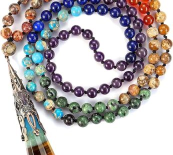 Jovivi 108 Mala Beads Bracelet Real Stones 7 Chakra Healing Crystals Necklace with 12 Facted Prism Pointed Pendant Reiki Energy Balancing Prayer Mala Beads for Meditation