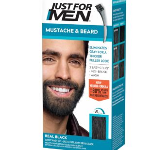 Just For Men Mustache & Beard, Beard Dye for Men with Brush Included, With Keratin Biotin Aloe and Coconut Oil for Healthy Facial Hair – Real Black, M-55, Pack of 1 (Packaging May Vary)