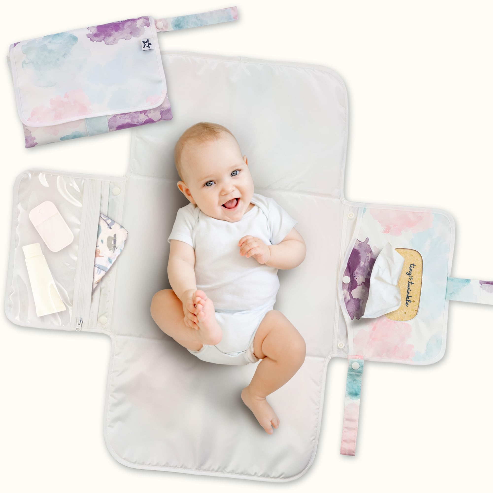 Tiny Twinkle Portable Diaper Changing Pad | Waterproof, Wipeable & Compact Baby Changing Pad for Travel | Smart Wipes Pocket & Organized Storage| Newborn Shower Gift (Cotton Candy)