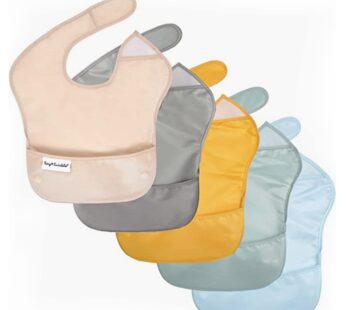 Tiny Twinkle Mess-Proof Baby Bib – Waterproof Bib for Baby Boy or Girl – Machine Washable – Adjustable Closure – PVC, BPA & Phthalate Free – Great for Travel – Baby Food Bibs (5 Pack, Unisex Solids)