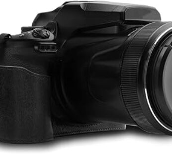 MegaGear Leather Camera Half Case & Strap Compatible with Nikon COOLPIX P1000, Ever Ready – Black