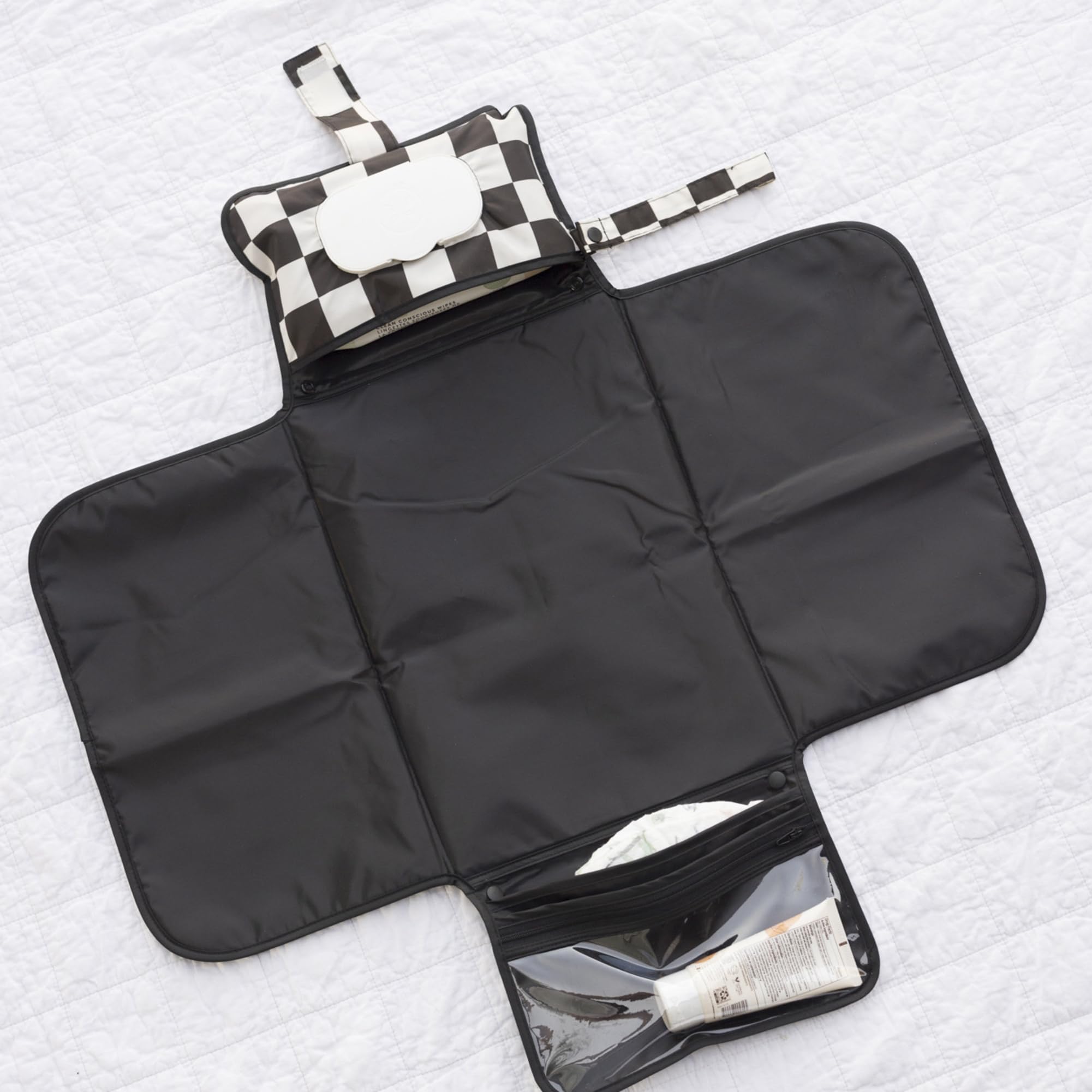 Tiny Twinkle Portable Diaper Changing Pad | Waterproof, Wipeable & Compact Baby Changing Pad for Travel | Smart Wipes Pocket & Organized Storage| Newborn Shower Gift (Black Checkers) - Image 4