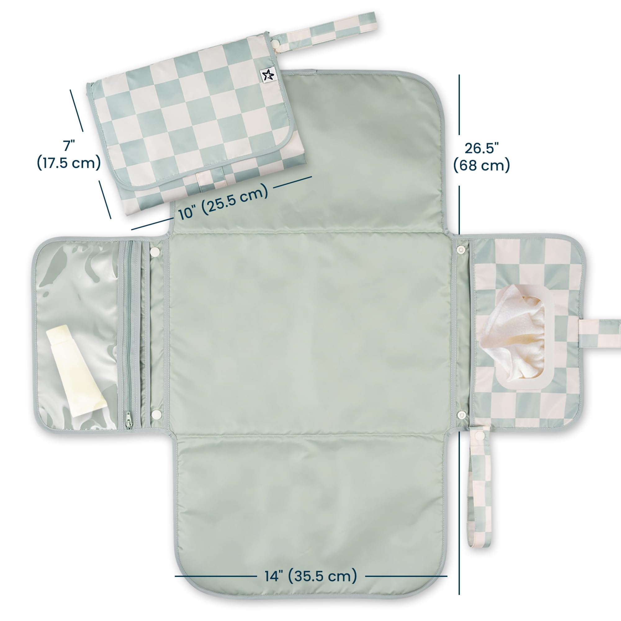 Tiny Twinkle Portable Diaper Changing Pad | Waterproof, Wipeable & Compact Baby Changing Pad for Travel | Smart Wipes Pocket & Organized Storage| Newborn Shower Gift (Sage Checkers) - Image 2