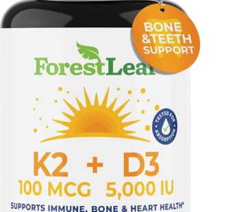 ForestLeaf Vitamin D3 + K2 (MK7) Supplement – MenaQ7 – Calcium and Vitamin D3 5000 IU Max Absorption – Teeth and Bone Strength, Heart Health, Immune System Support – 60 Veggie Capsules