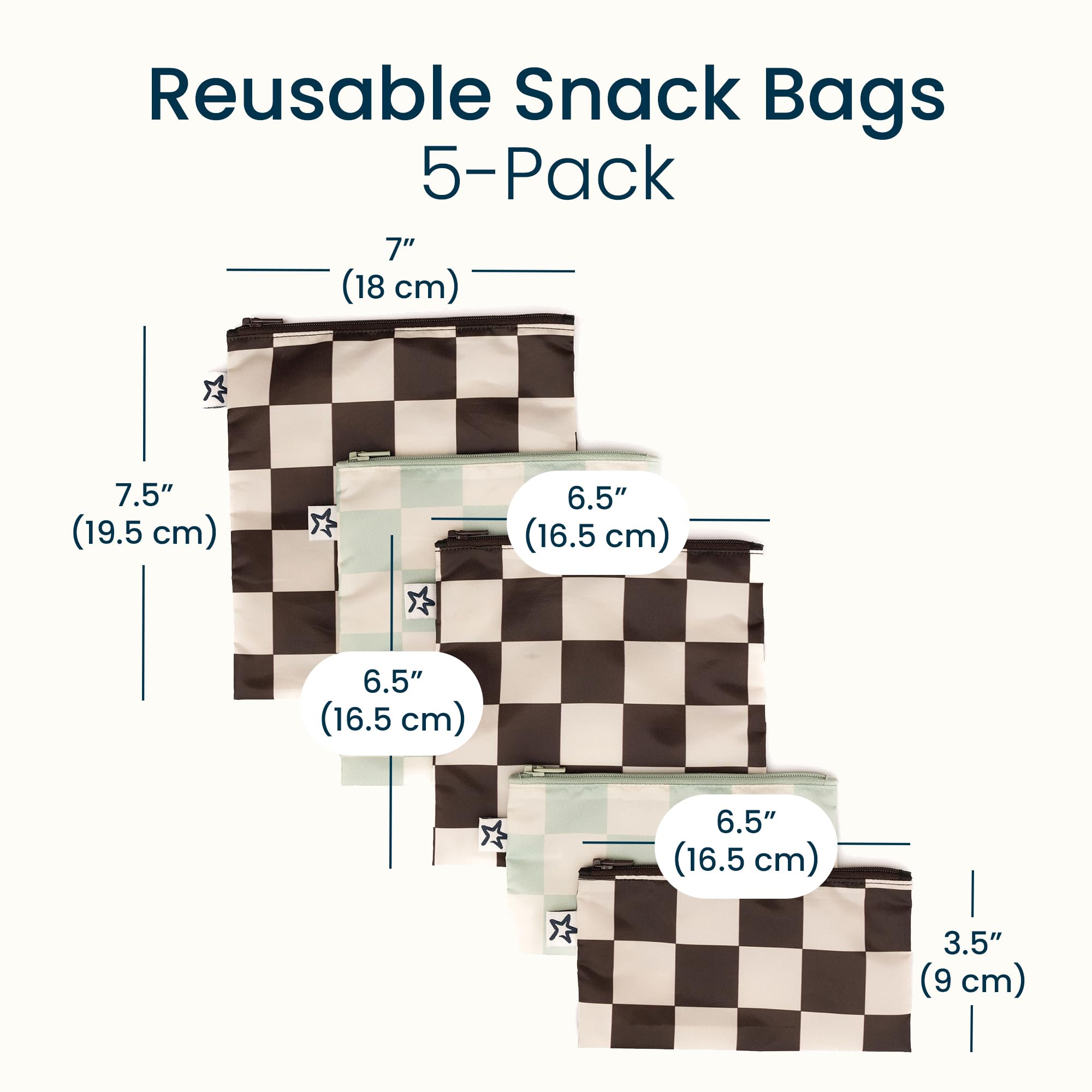 Tiny Twinkle 5 Pack Reusable Snack Bags - Machine Washable, PFAS, PVC, BPA, Phthalate-Free Reusable Baby and Toddler Food Safe Snack Bags (Checkers Black Green) - Image 5