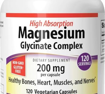 Webber Naturals Magnesium Glycinate Complex 200 mg, 120 Vegetarian Capsules, High Absorption Formula, Supports Bones, Heart, Muscles & Nerves, One-per-Day, Vegan, New Label!