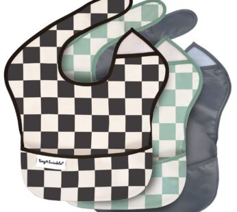 Tiny Twinkle Mess-Proof Baby Bibs for Eating | Waterproof, Wipeable Toddler Bibs with Catch-All Pocket | Feeding Bibs for Girls & Boys(3 Pack,Checkers Boy)