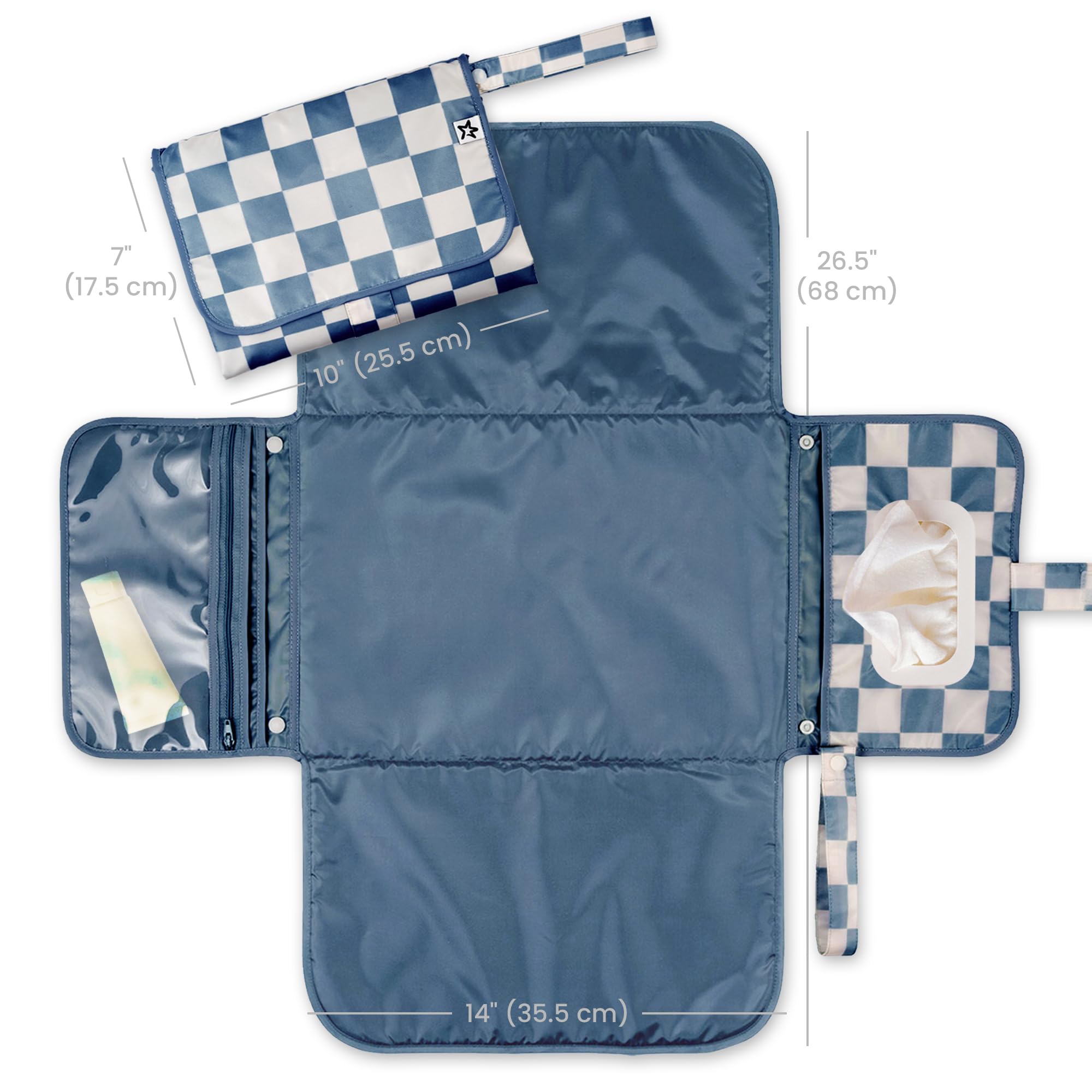 Tiny Twinkle Portable Diaper Changing Pad | Waterproof, Wipeable & Compact Baby Changing Pad for Travel | Smart Wipes Pocket & Organized Storage| Newborn Shower Gift (Blue Checkers) - Image 2