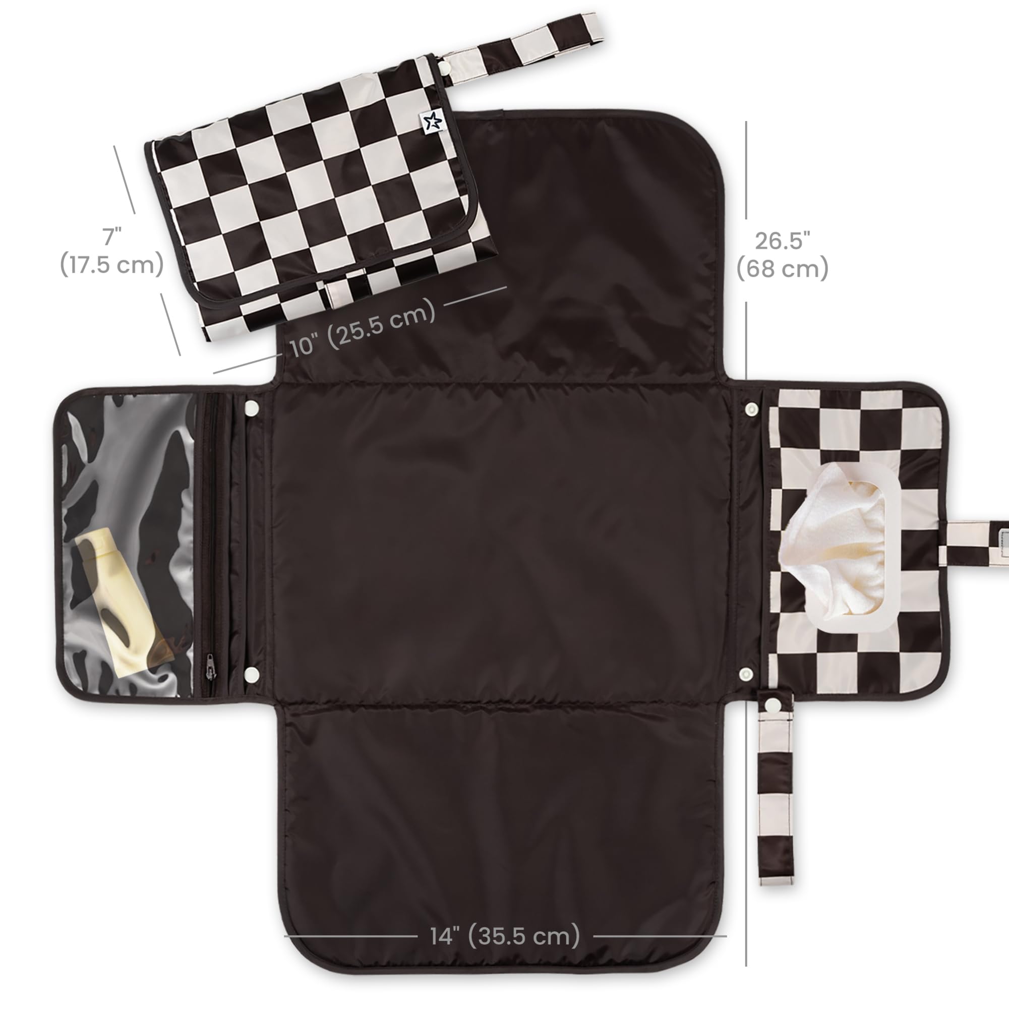 Tiny Twinkle Portable Diaper Changing Pad | Waterproof, Wipeable & Compact Baby Changing Pad for Travel | Smart Wipes Pocket & Organized Storage| Newborn Shower Gift (Black Checkers) - Image 2