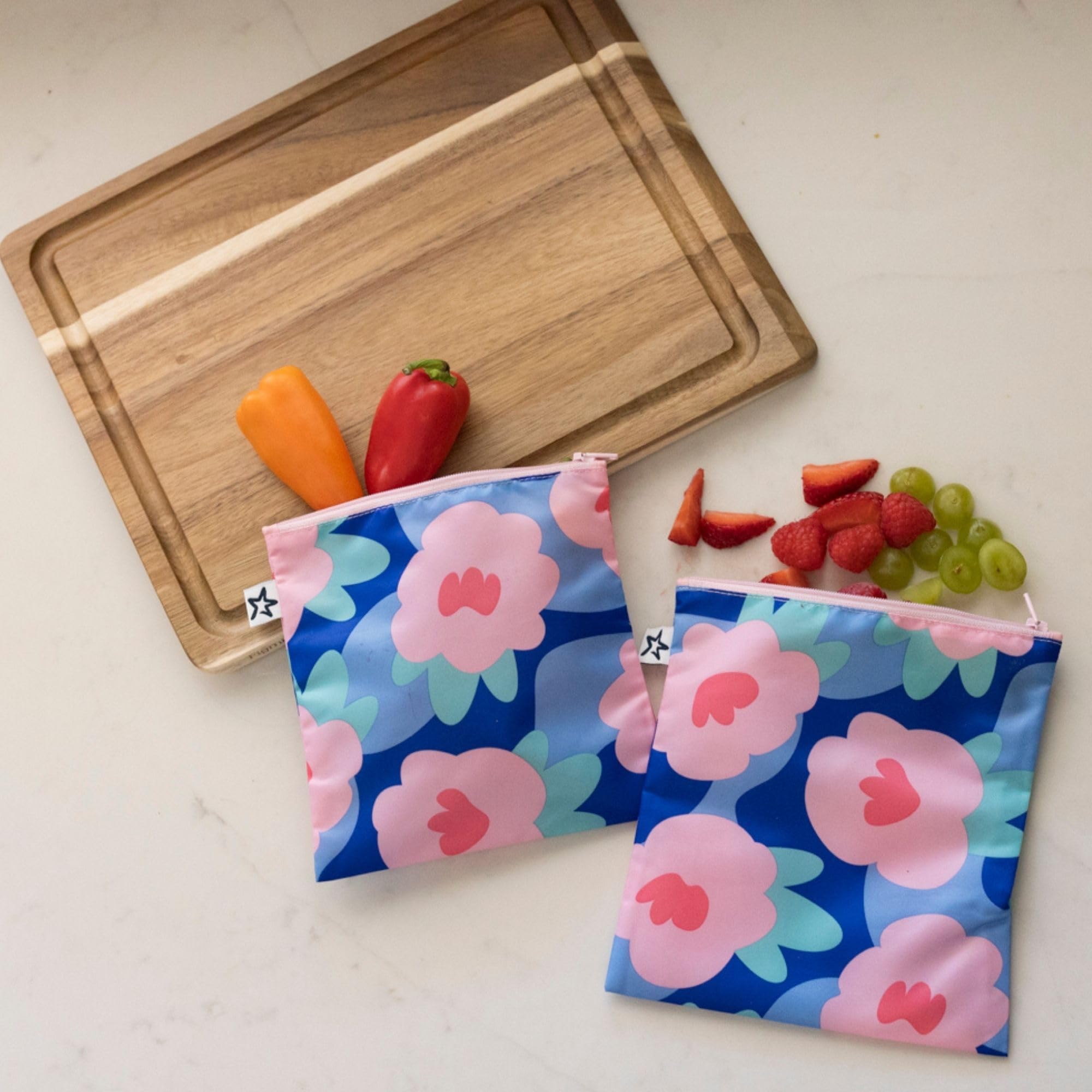 Tiny Twinkle Reusable Snack Bags for Kids ? 3 Pack Snack Pouches & Sandwich Bag for Toddlers ? Machine Washable, Mess-Proof for Lunch & Travel (Blue Floral) - Image 2