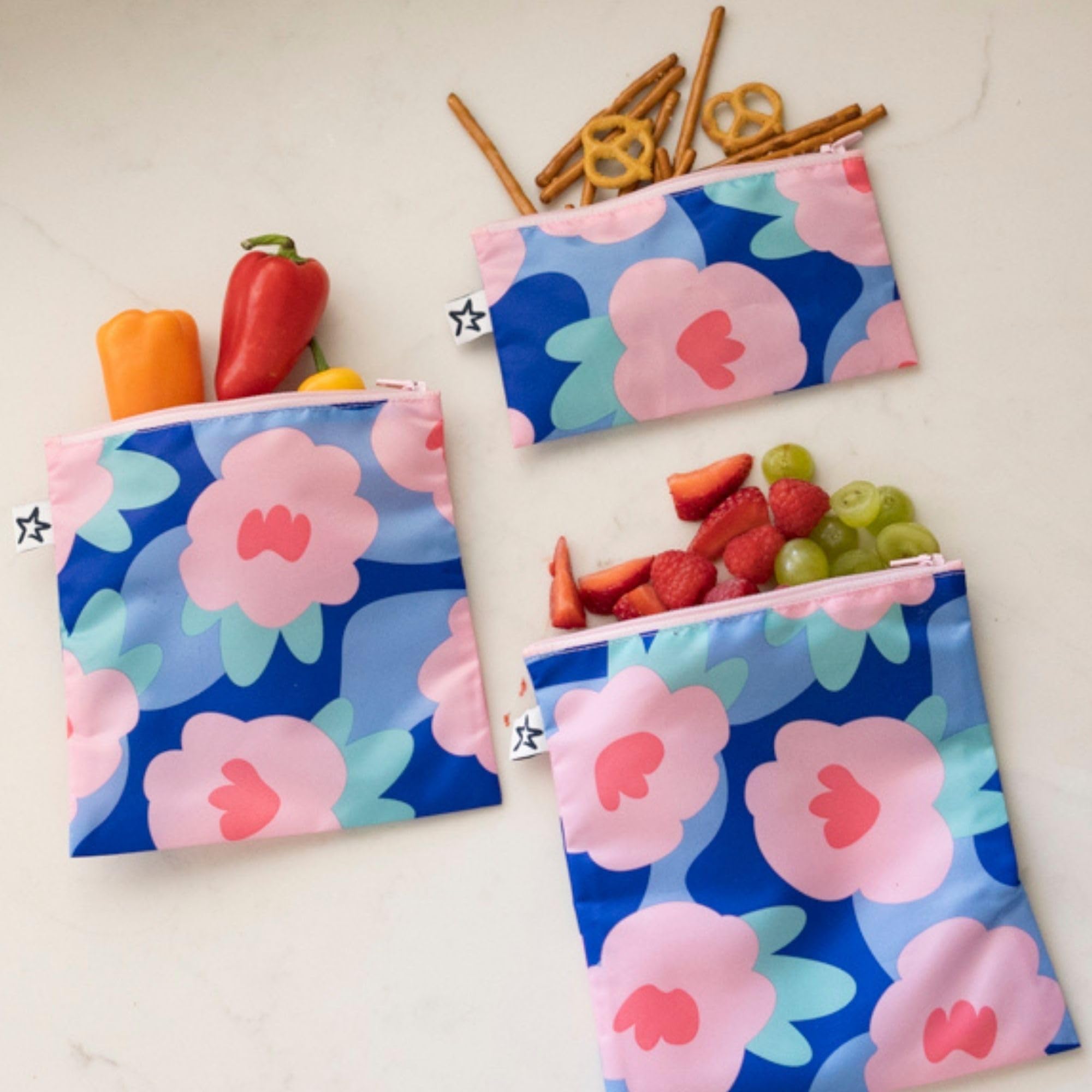 Tiny Twinkle Reusable Snack Bags for Kids ? 3 Pack Snack Pouches & Sandwich Bag for Toddlers ? Machine Washable, Mess-Proof for Lunch & Travel (Blue Floral) - Image 3