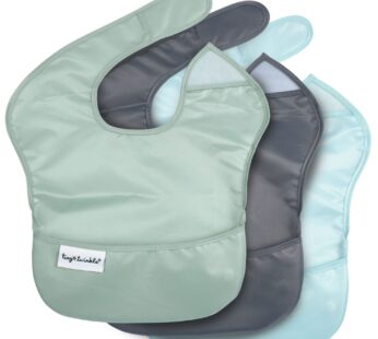 Tiny Twinkle Mess-Proof Baby Bibs for Eating | Waterproof, Wipeable Toddler Bibs with Catch-All Pocket | Feeding Bibs for Girls & Boys(3 Pack,Sage, Charcoal)