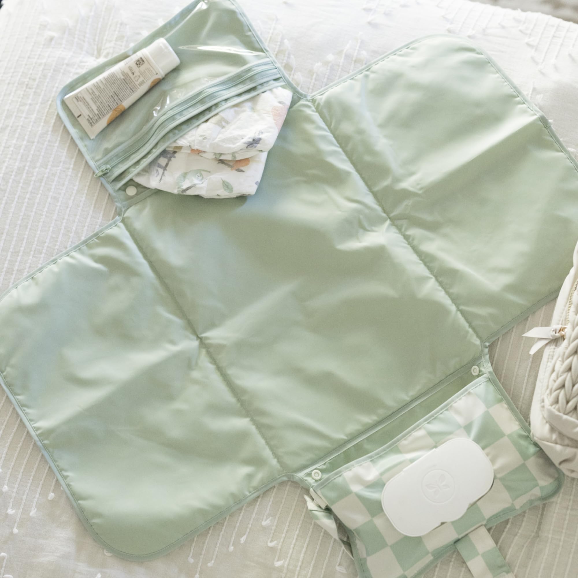 Tiny Twinkle Portable Diaper Changing Pad | Waterproof, Wipeable & Compact Baby Changing Pad for Travel | Smart Wipes Pocket & Organized Storage| Newborn Shower Gift (Sage Checkers) - Image 4