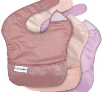 Tiny Twinkle Mess-Proof Baby Bibs for Eating | Waterproof, Wipeable Toddler Bibs with Catch-All Pocket | Feeding Bibs for Girls & Boys(3 Pack,Taupe, Rose)