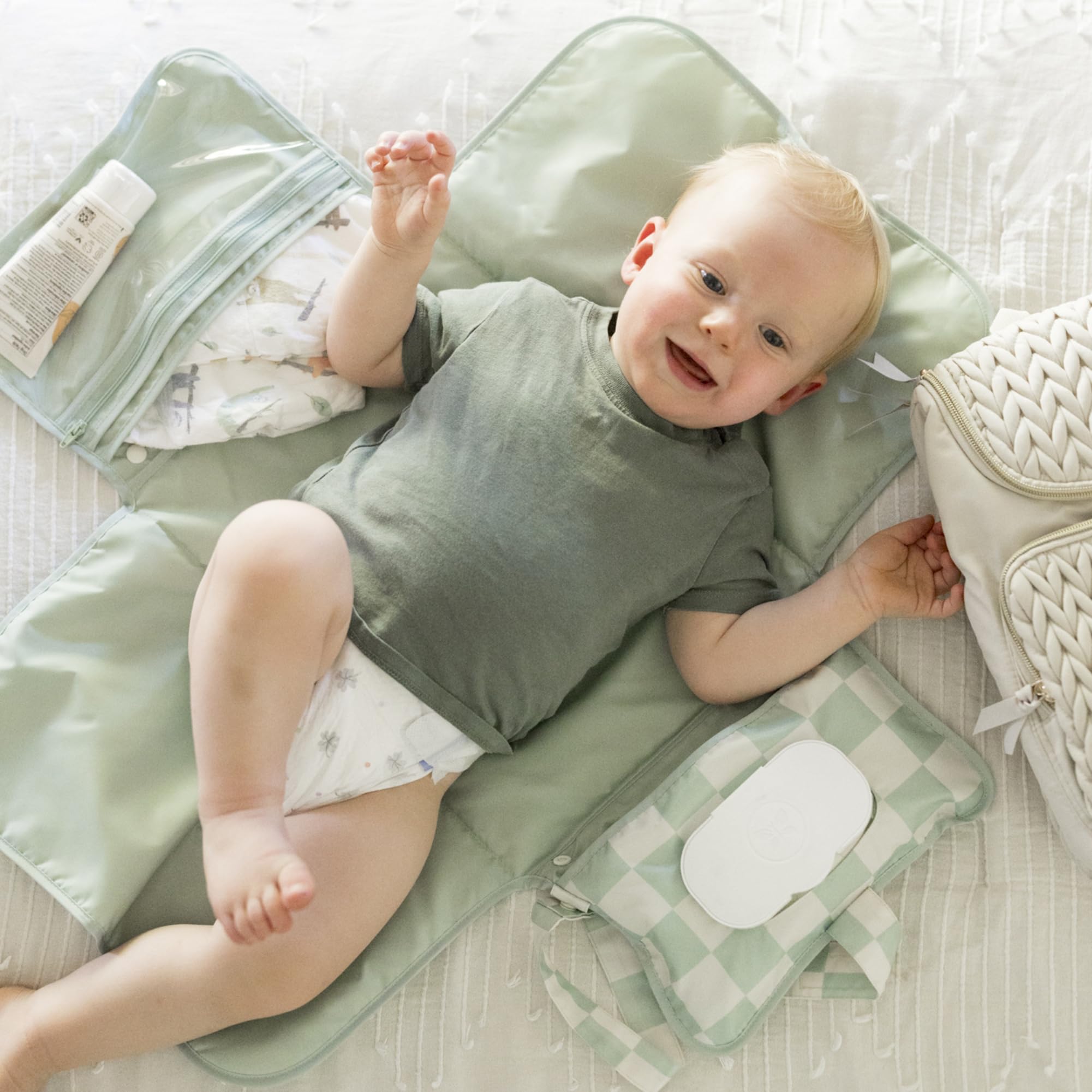 Tiny Twinkle Portable Diaper Changing Pad | Waterproof, Wipeable & Compact Baby Changing Pad for Travel | Smart Wipes Pocket & Organized Storage| Newborn Shower Gift (Sage Checkers) - Image 3