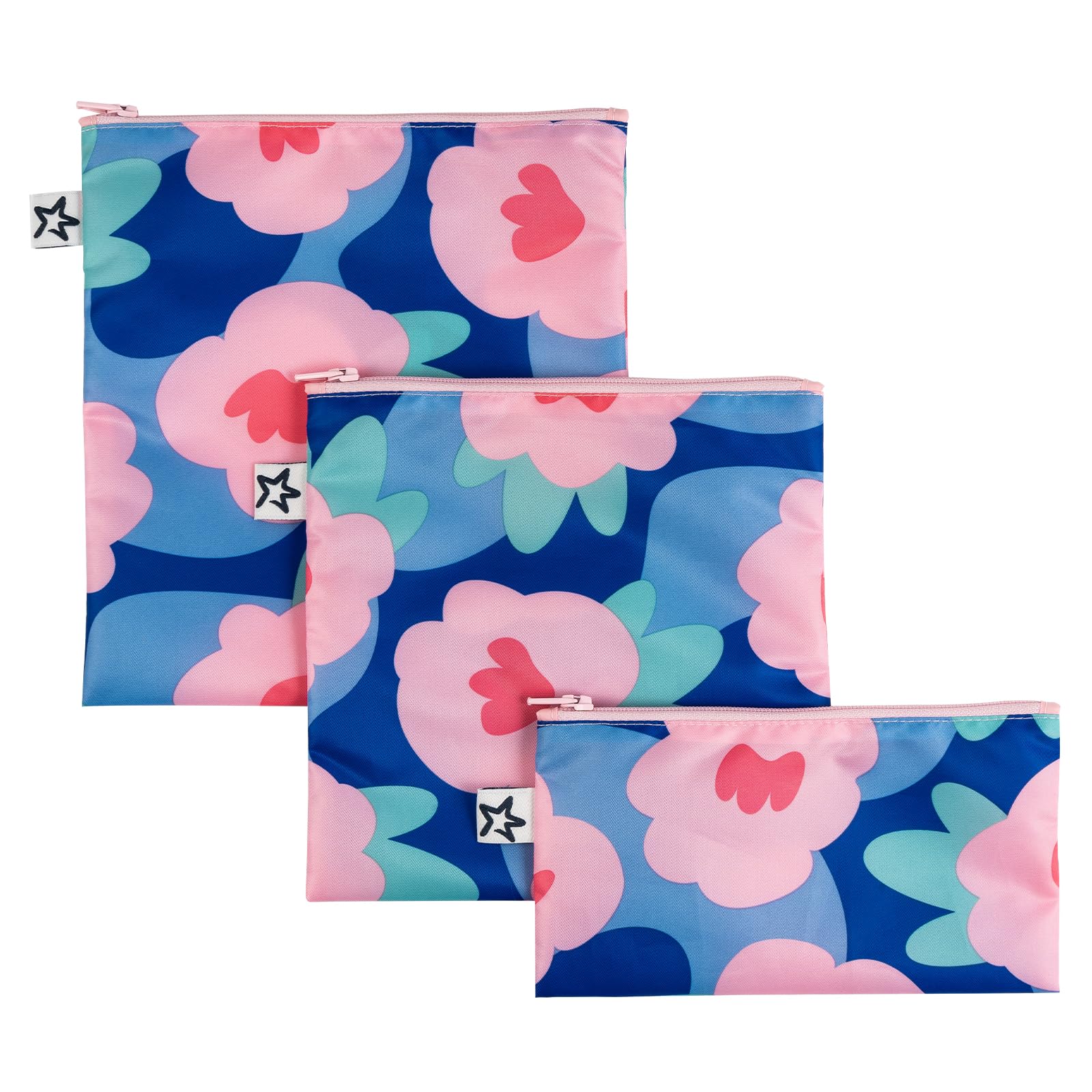 Tiny Twinkle Reusable Snack Bags for Kids ? 3 Pack Snack Pouches & Sandwich Bag for Toddlers ? Machine Washable, Mess-Proof for Lunch & Travel (Blue Floral)