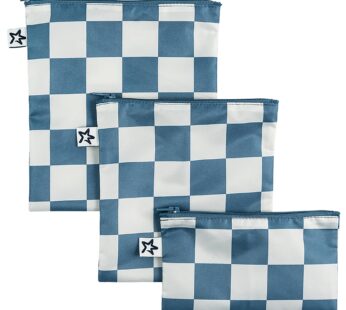 Tiny Twinkle Reusable Snack Bags for Kids ? 3 Pack Snack Pouches & Sandwich Bag for Toddlers ? Machine Washable, Mess-Proof for Lunch & Travel (Blue Checkers)